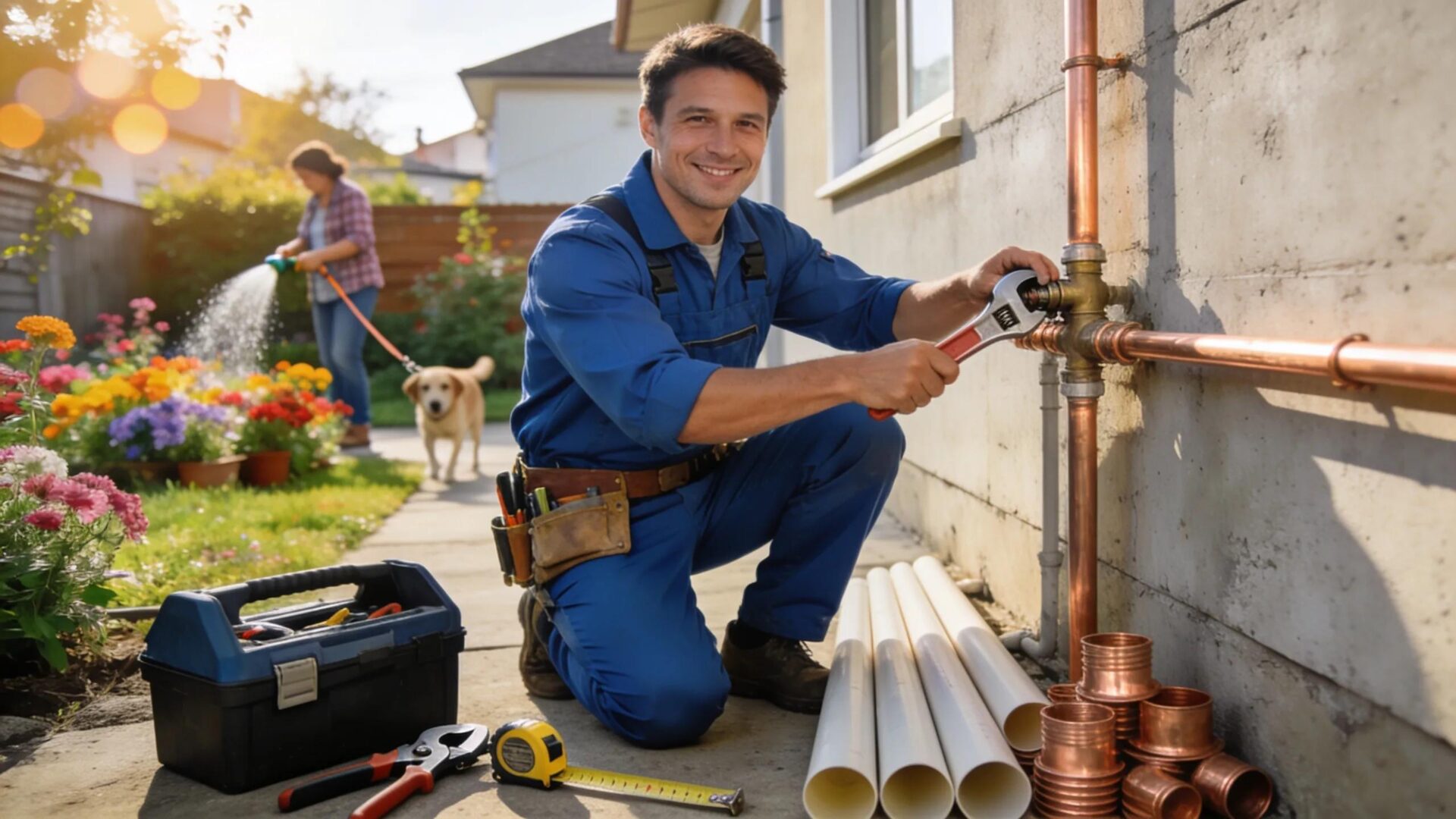 Contractor using a wrench on copper pipes, demonstrating local SEO strategies for contractors to improve