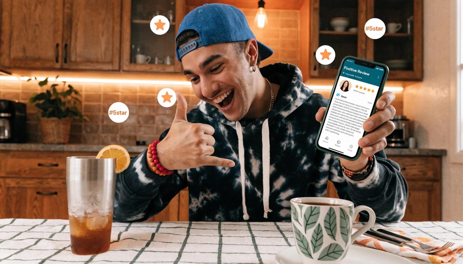 Smiling contractor showing a positive five-star customer review on his smartphone, illustrating the importance of
