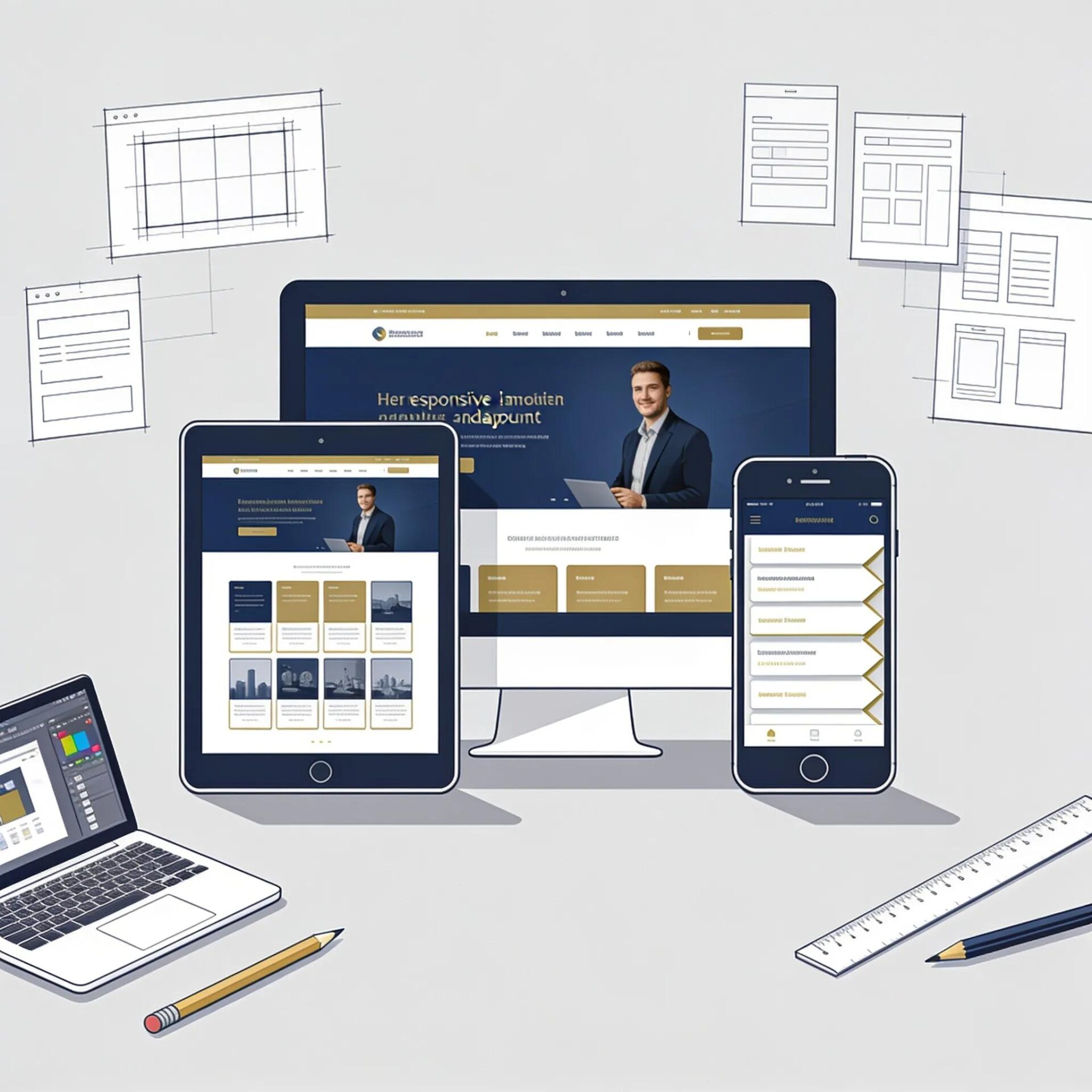 Website design mockup showcasing responsive layouts across laptop, tablet, and smartphone devices, illustrating affordable web