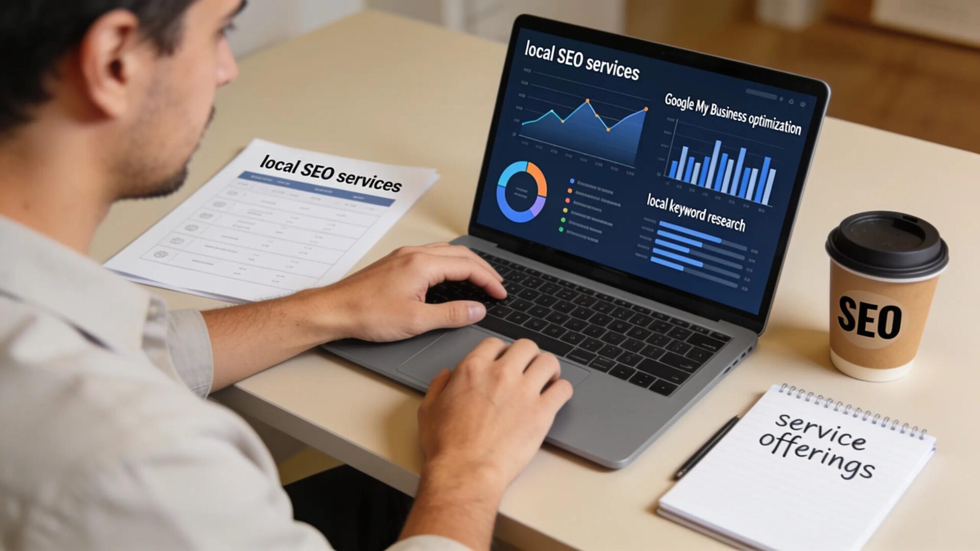 Man working on laptop displaying local SEO services dashboard, showcasing Google My Business optimization and