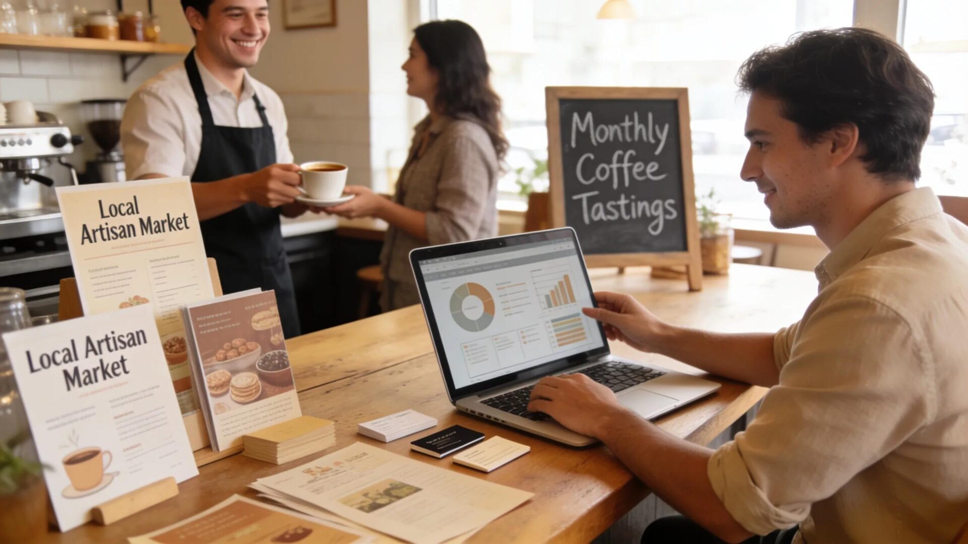 A man analyzes local SEO pricing data on his laptop in a coffee shop setting,