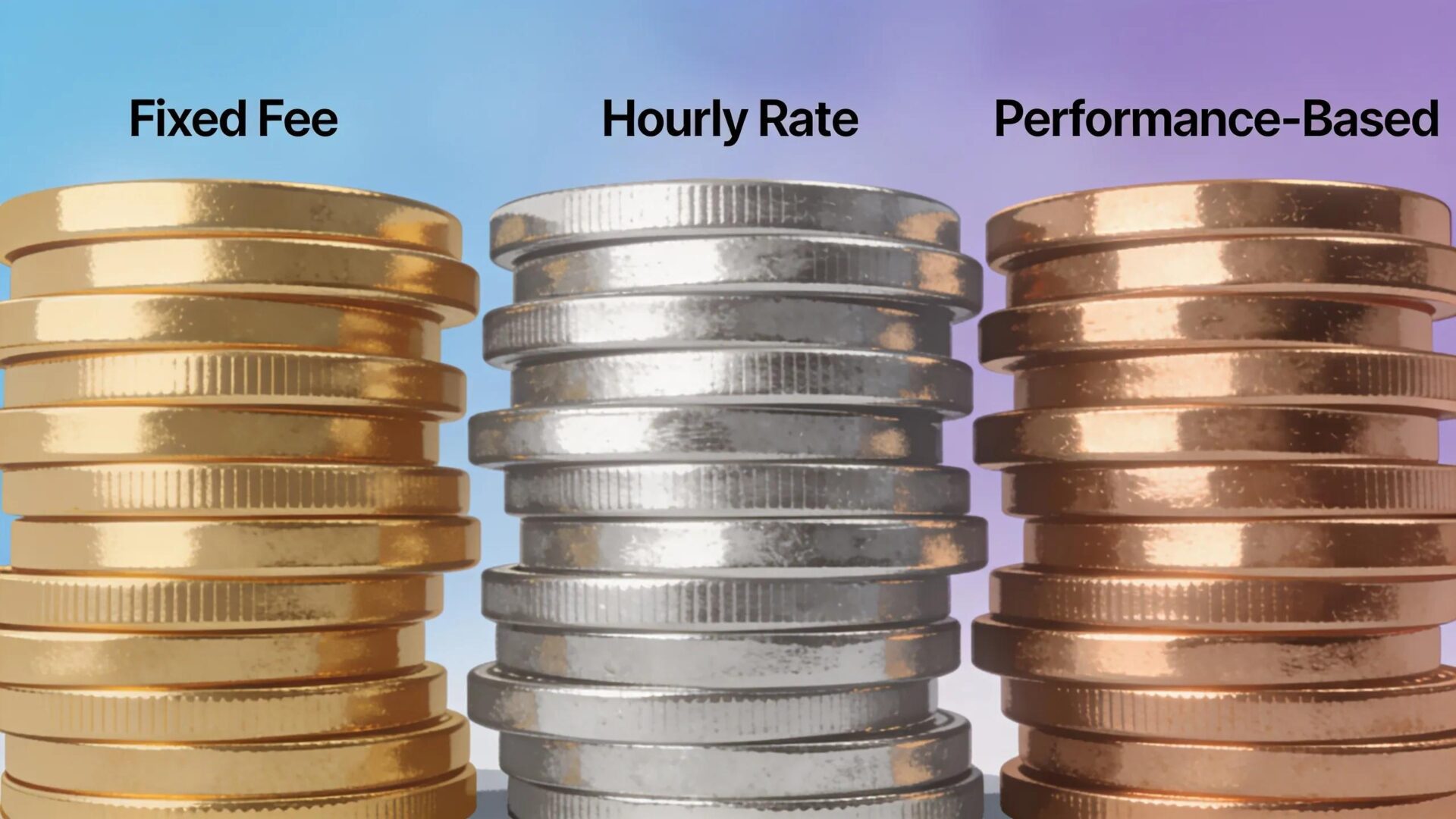 Stacks of coins representing fixed fee, hourly rate, and performance-based local SEO pricing models for