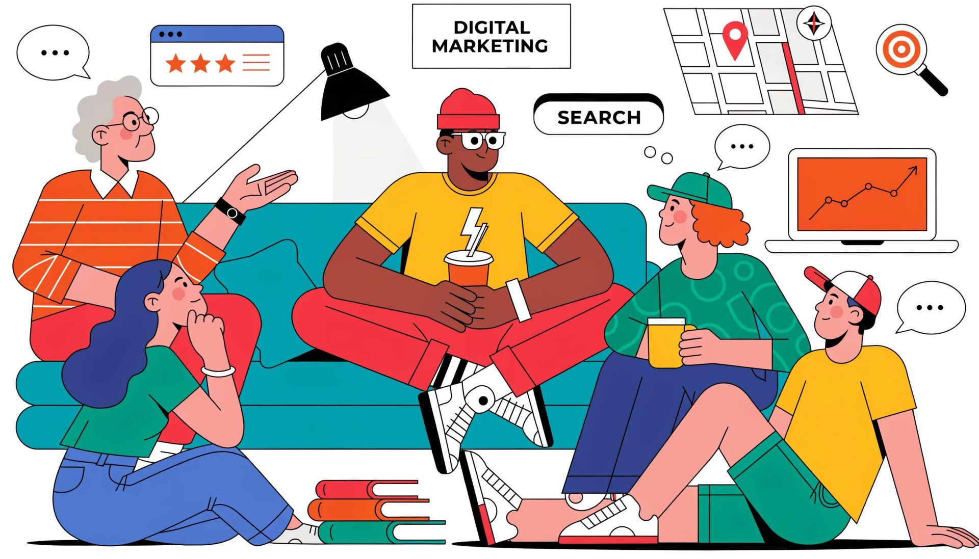 Illustration depicting digital marketing strategies, including local SEO and search engine optimization, with diverse individuals